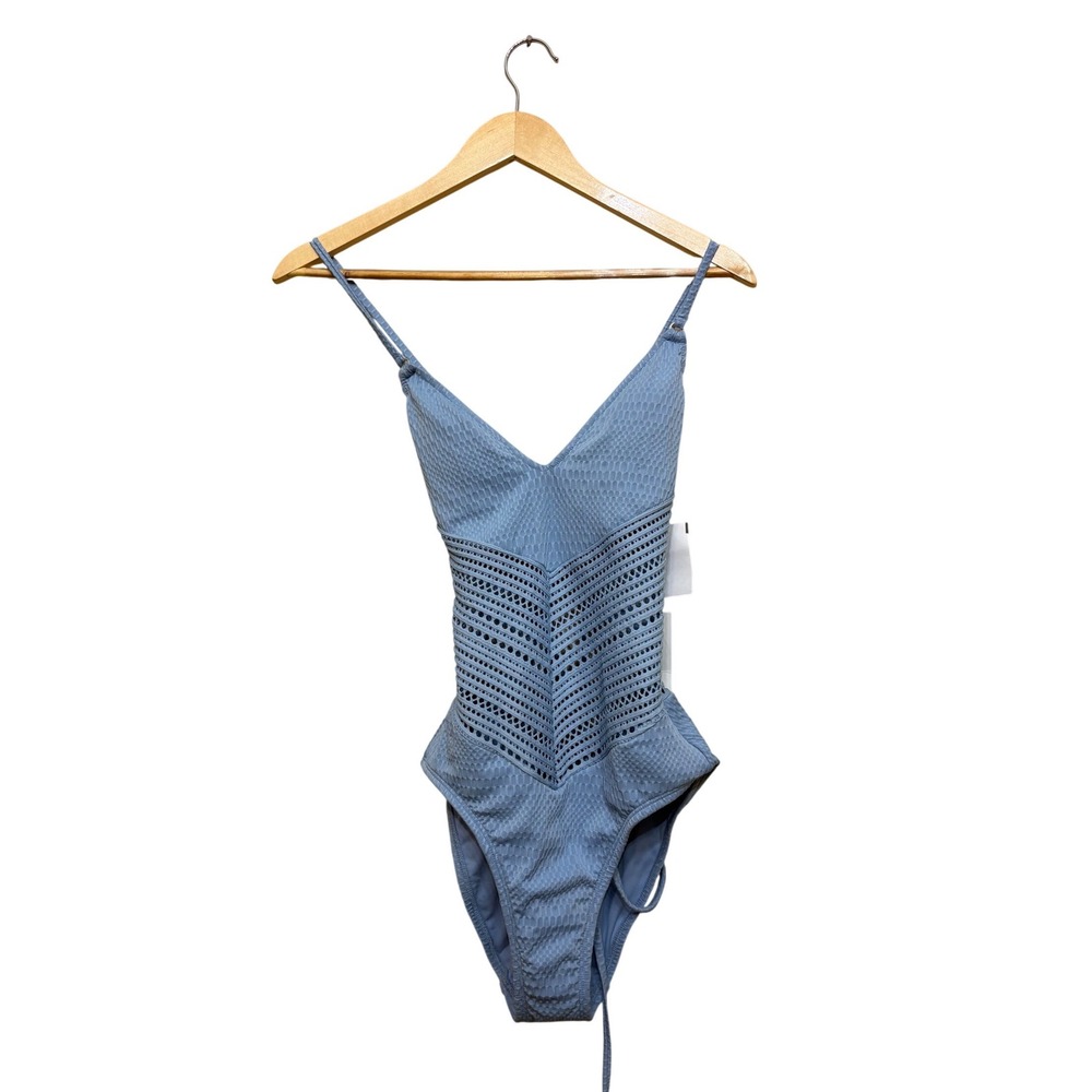 Robin Piccone Ava One Piece Swimsuit Blue Crochet Lace Up 192613 Womens 8 NEW